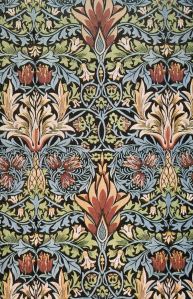 A panel from the Morris Snakeshead textile showing flowers with interwoven branches and leaves, from the Arts and Crafts movement.